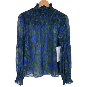 Sugarlips Blue Green Floral Smocked High Neck Blouse size Small Long Sleeves